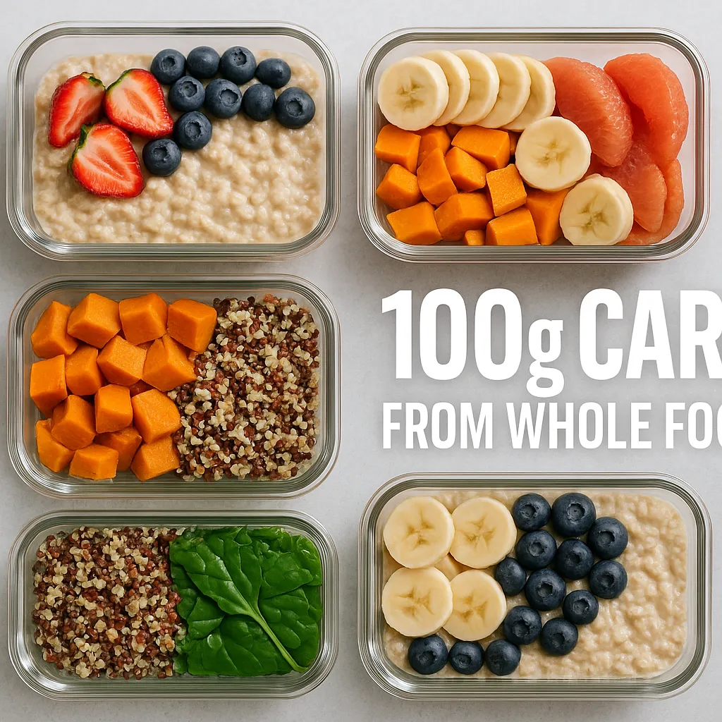 Colourful meal prep with oats, fruit, sweet potato, quinoa, overlay text- 100g Carbs from Whole Foods