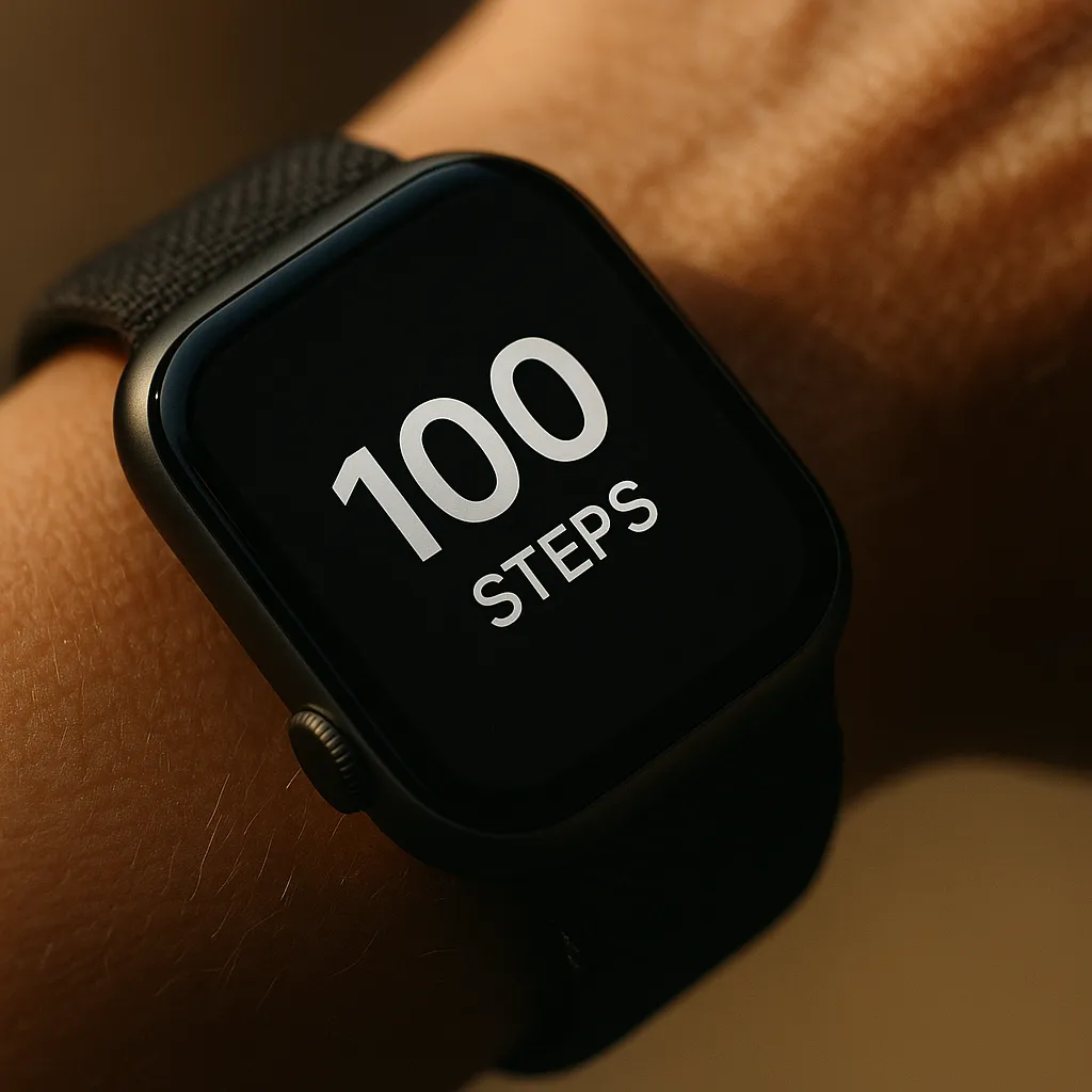 Close-up of fitness tracker displaying 100 steps