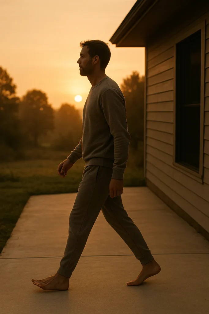 Side profile of someone walking outside a home in loungewear, soft sunrise light