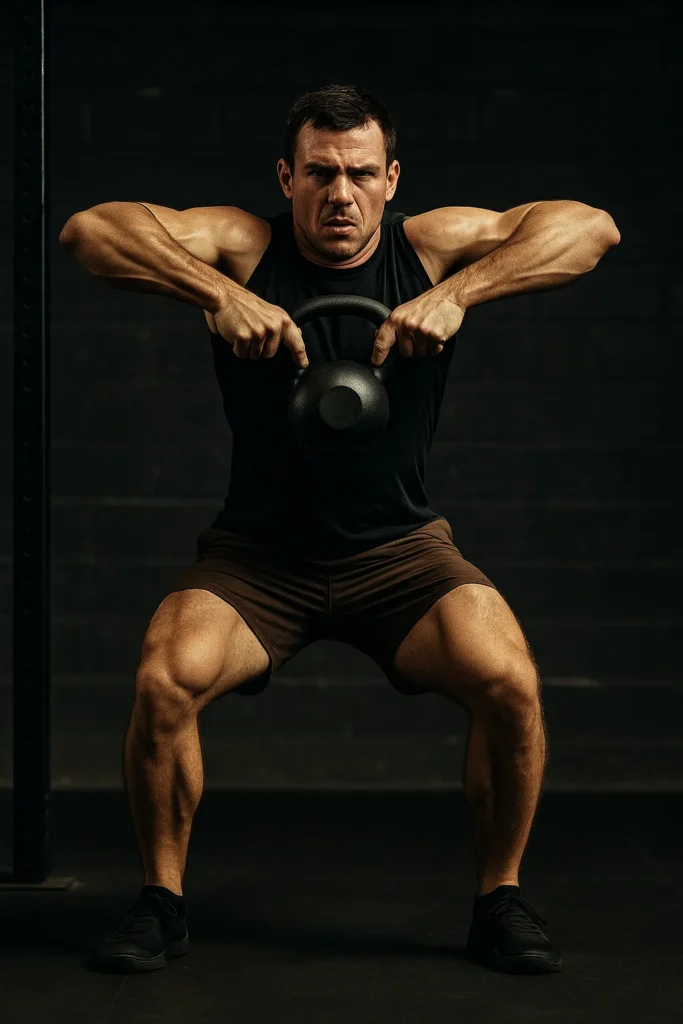 Front view at the top of the pull elbows above wrists, full-body tension