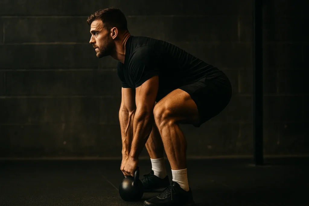 Athlete Side profile of the initial deadlift pull hips driving forward, back flat