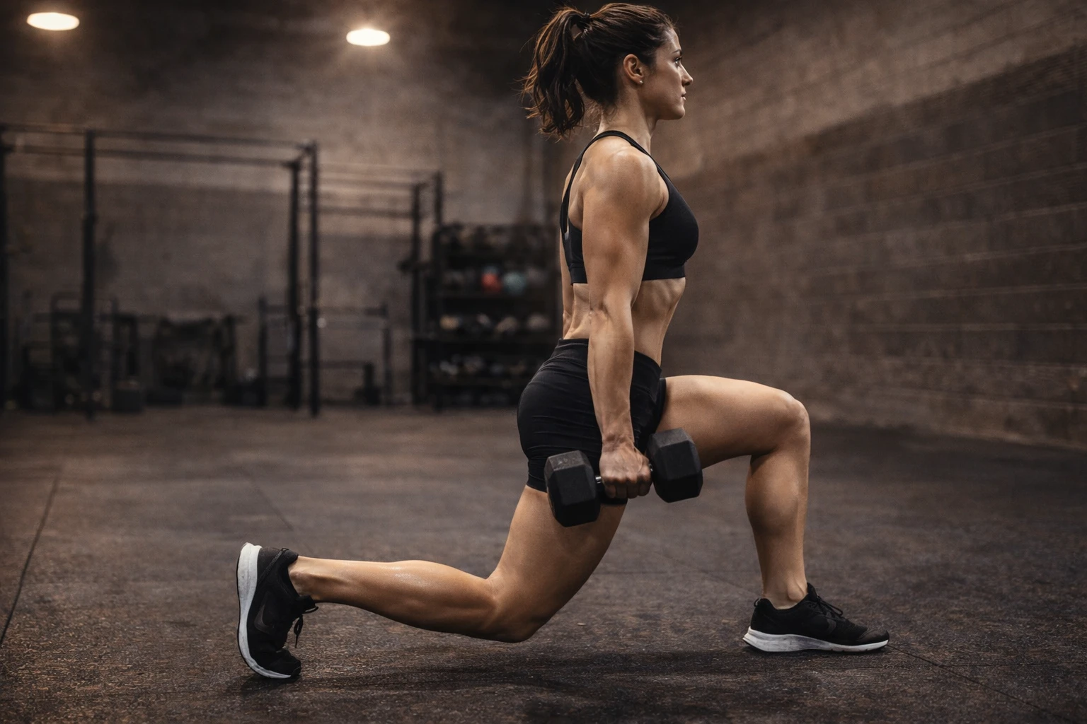 Athlete performing a controlled step-back lunge holding dumbbells
