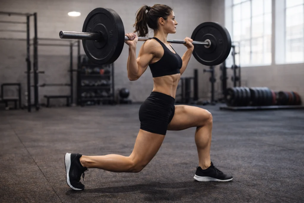 Side angle of barbell step-back lunge showing full range of motion
