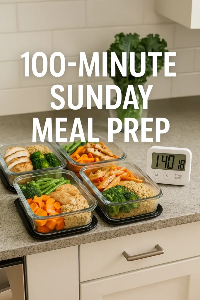 Kitchen counter with neatly organised prep containers and timer — overlay text- 100-Minute Sunday Meal Prep