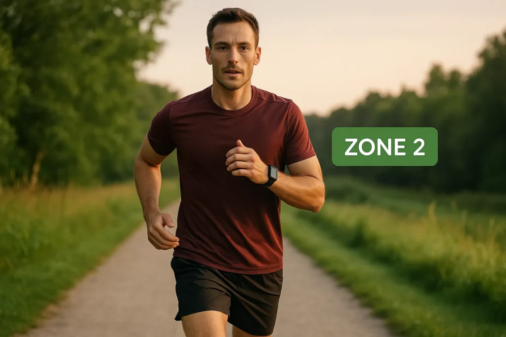 Athlete running in Zone 2 heart rate training zone, with a clean and focused aesthetic that reflects Zone 2 cardio training principles — moderate intensity, aerobic effort, and sustainable pace