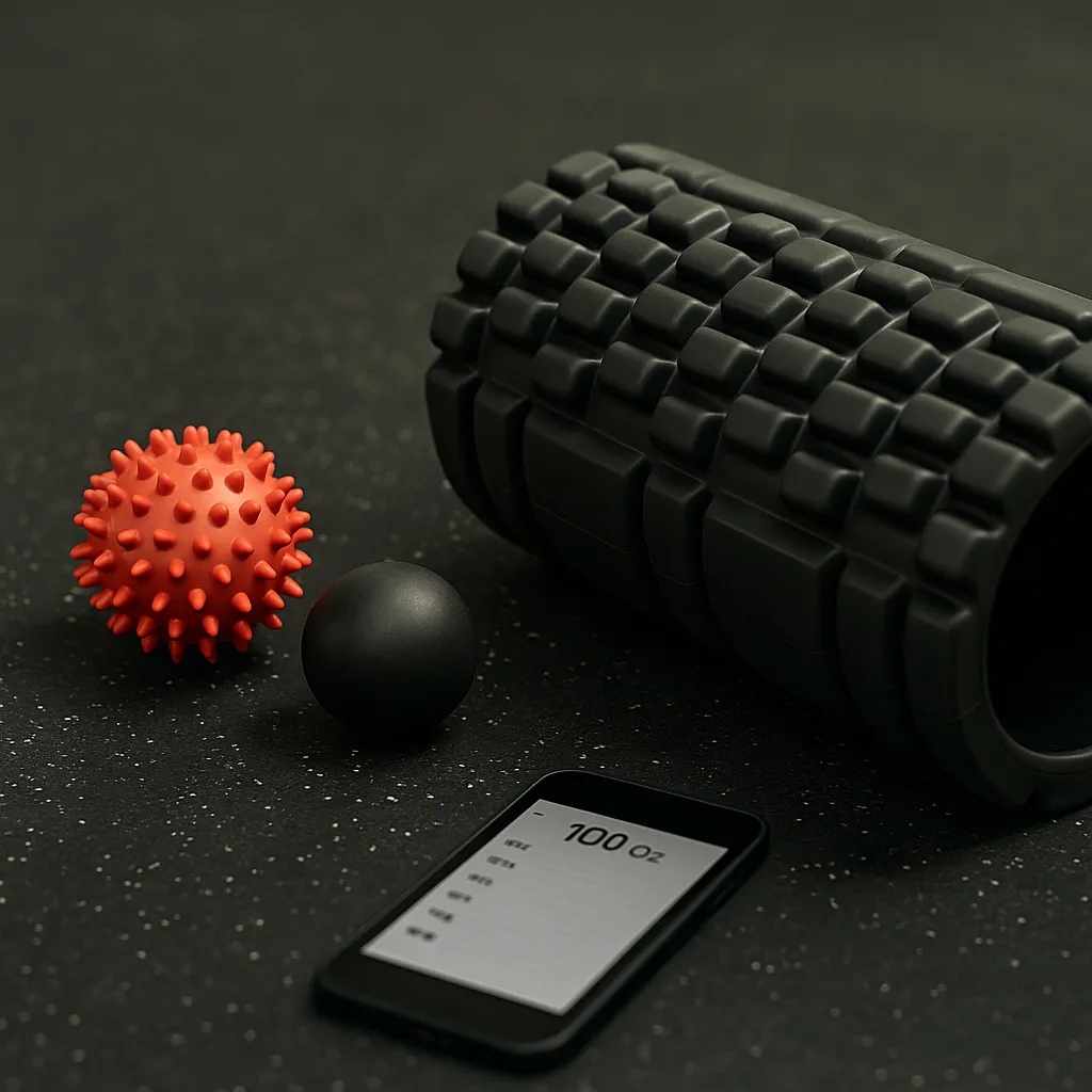 Close-up of foam roller and trigger point tools on gym floor