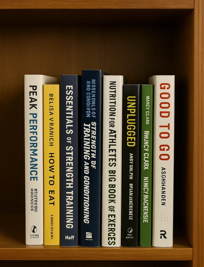 Bookshelf of training, nutrition, and recovery titles