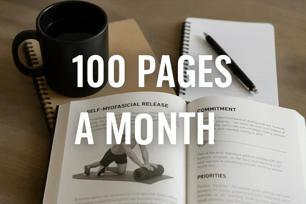 Fitness book open next to coffee mug and notebook — overlay text-100 Pages a Month
