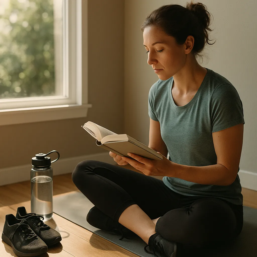Person reading in natural light with workout gear nearby
