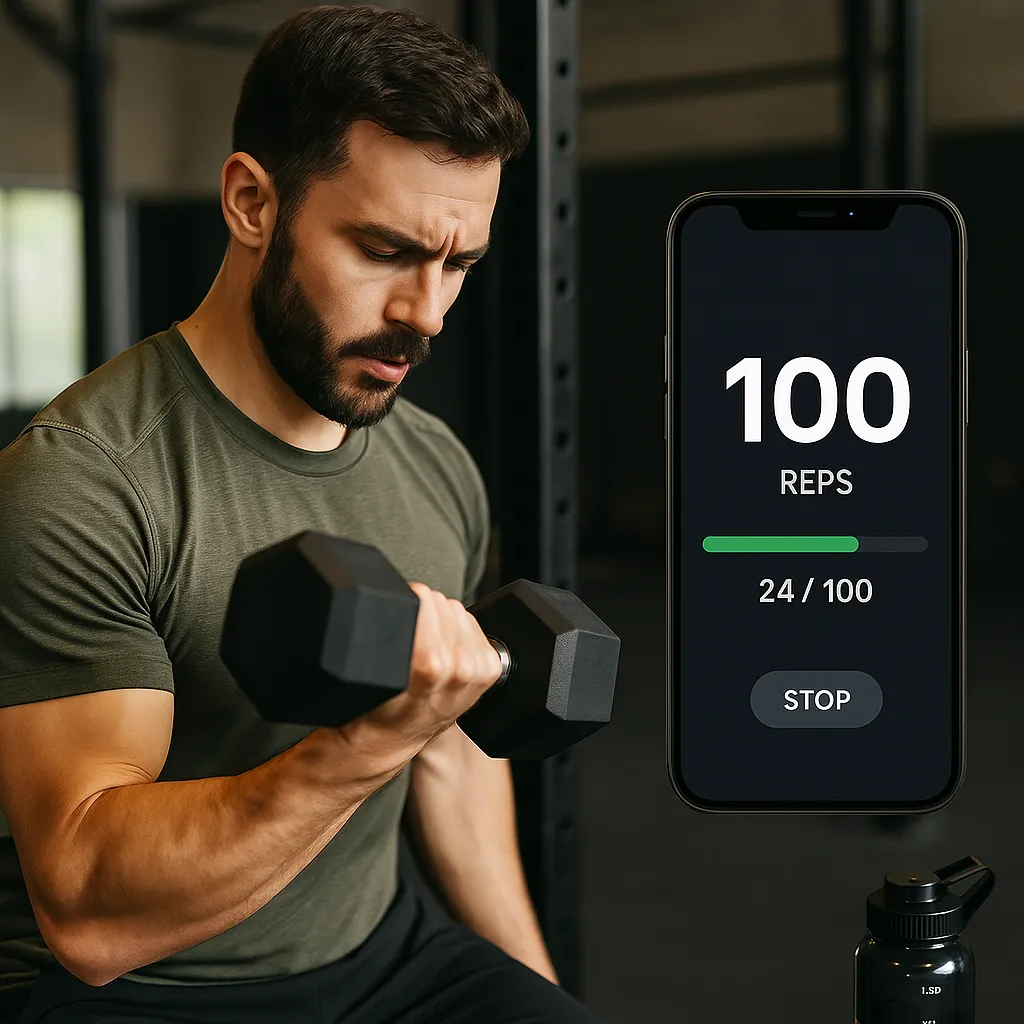 Athlete doing reps in front of a fitness tracker or phone app