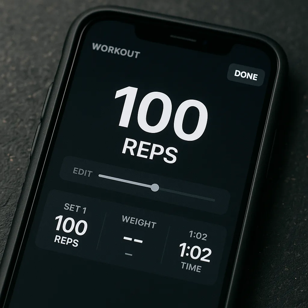 Close-up of workout app showing 100-rep set completed