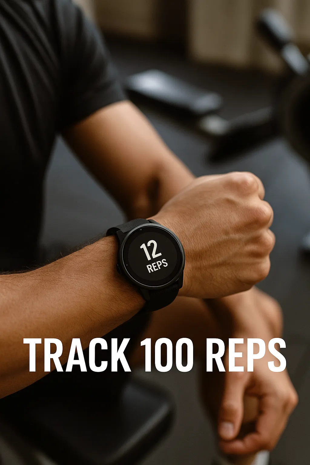 Smartwatch displaying reps or strength mode during a workout — overlay text-Track 100 Reps