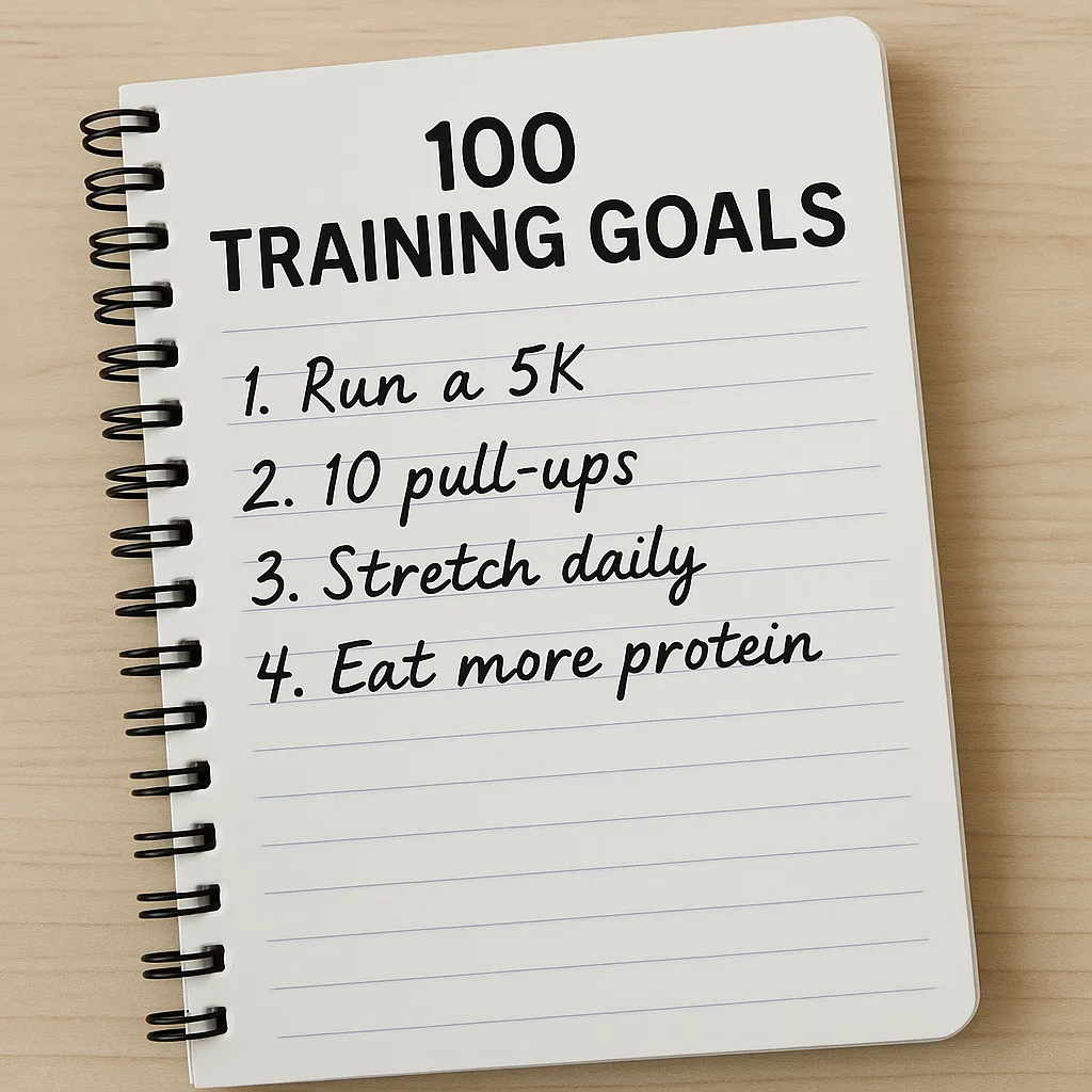 Notebook or whiteboard with “100 Goals” written and partially filled in — overlay text-100 Training Goals