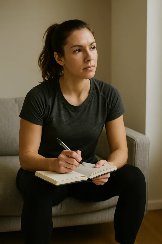 Person reflecting in gym clothes with journal and pen