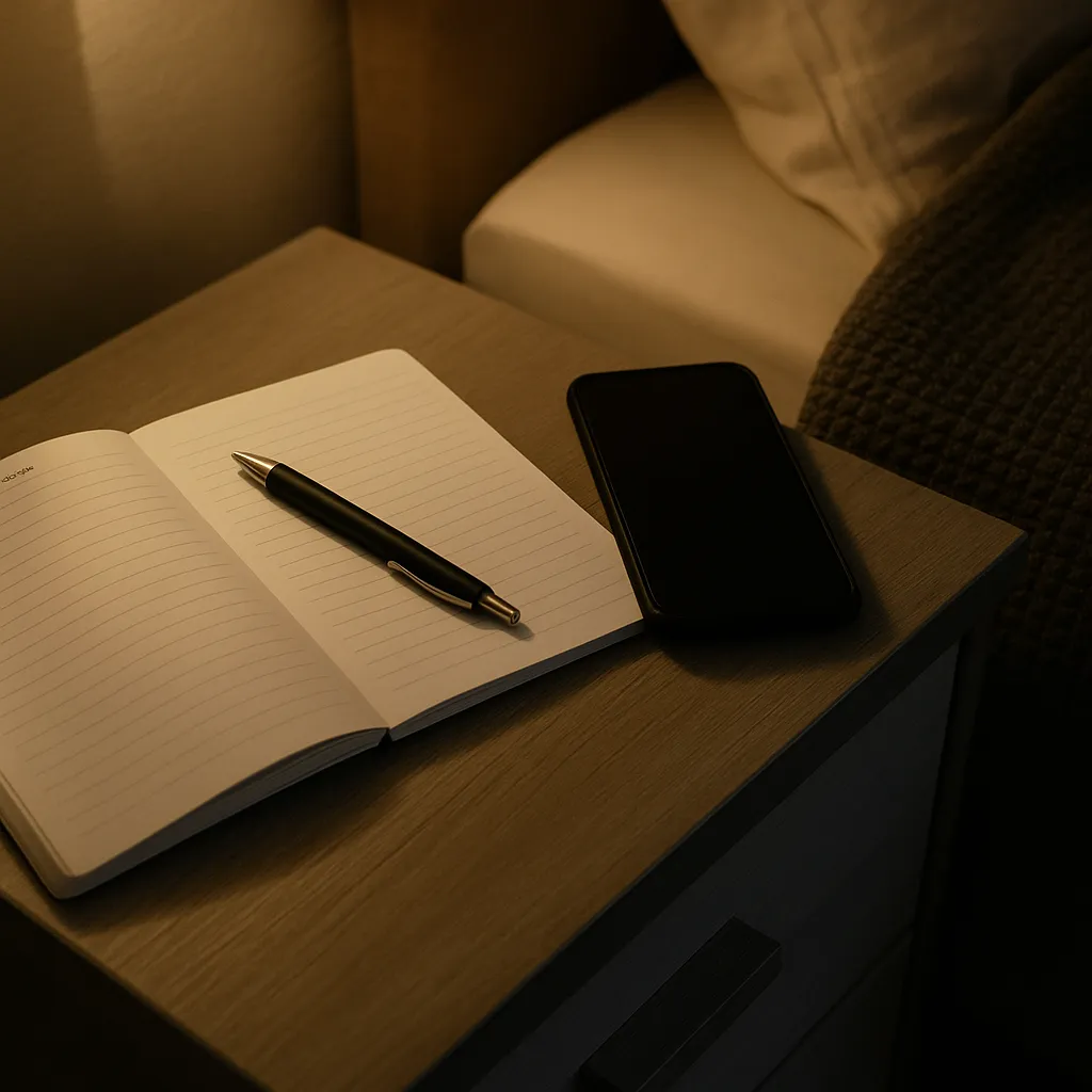 Journal and pen beside a switched-off phone on a nightstand