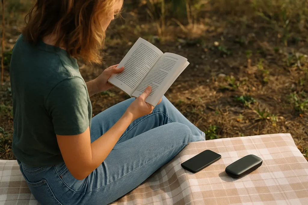 Person enjoying nature or reading a book outdoors with phone turned off and placed face down nearby.