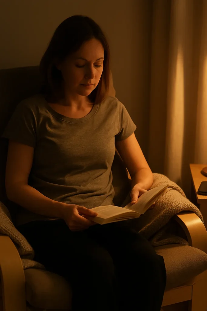 Person reading or meditating in warm lighting, tech-free