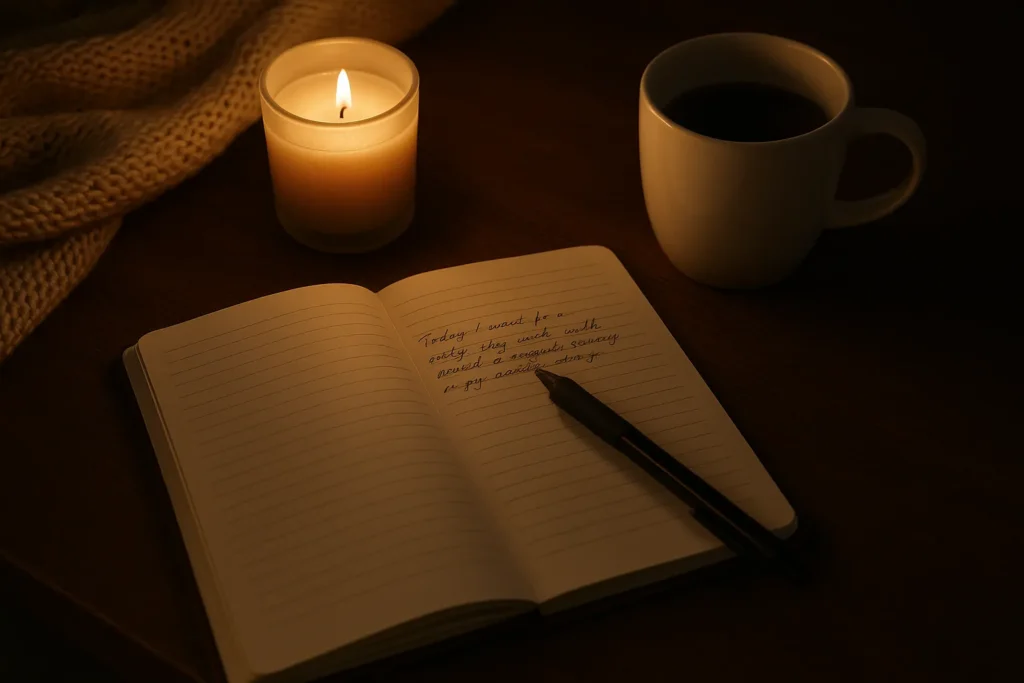 Cozy evening setup with a notebook, mug, and candle