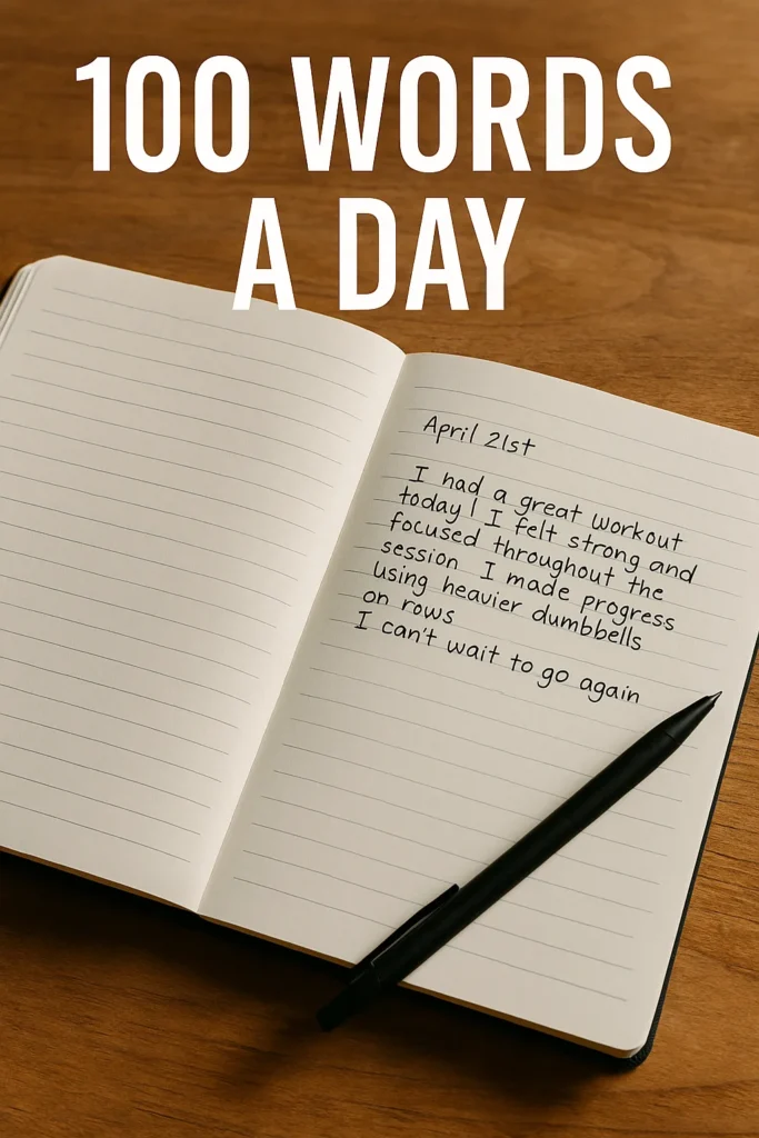 Open fitness journal with handwritten entry and pen — overlay text-100 Words a Day