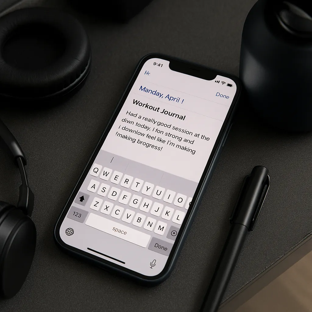 Smartphone open to journaling app beside gym gear