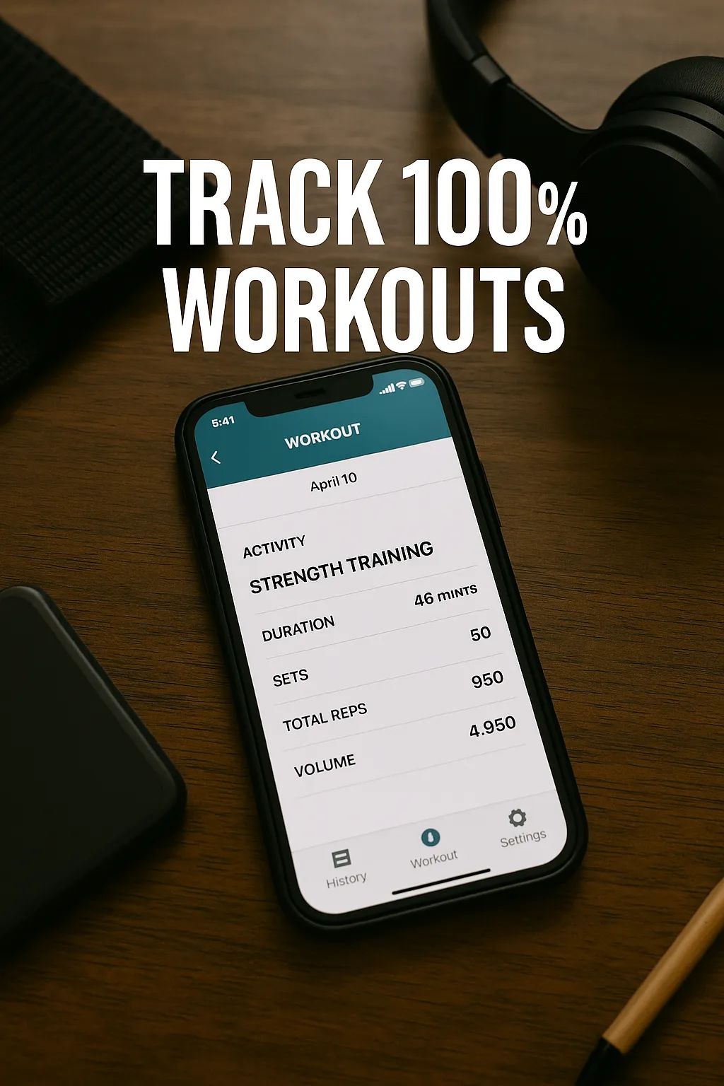 Smartphone displaying workout tracking app with logged session — overlay text-Track 100% Workouts