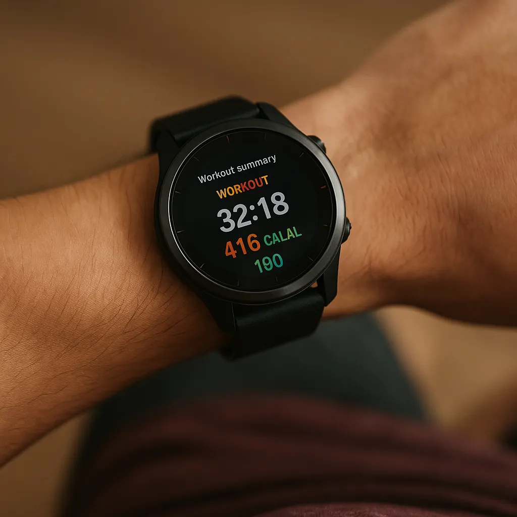 Wearable fitness watch showing post-workout summary