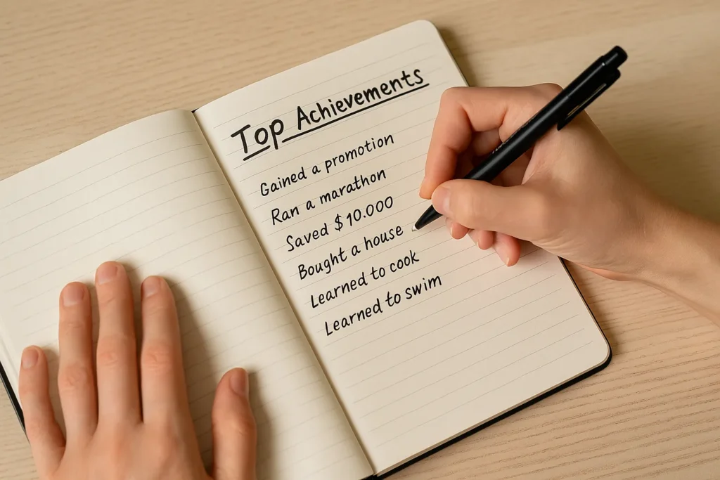 Handwriting list of personal wins in a journal