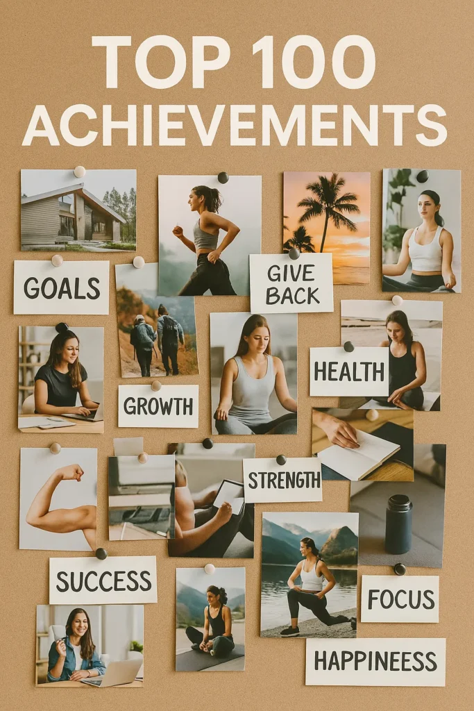 Vision board with photos, goals, and inspiring words — overlay text-Top 100 Achievements