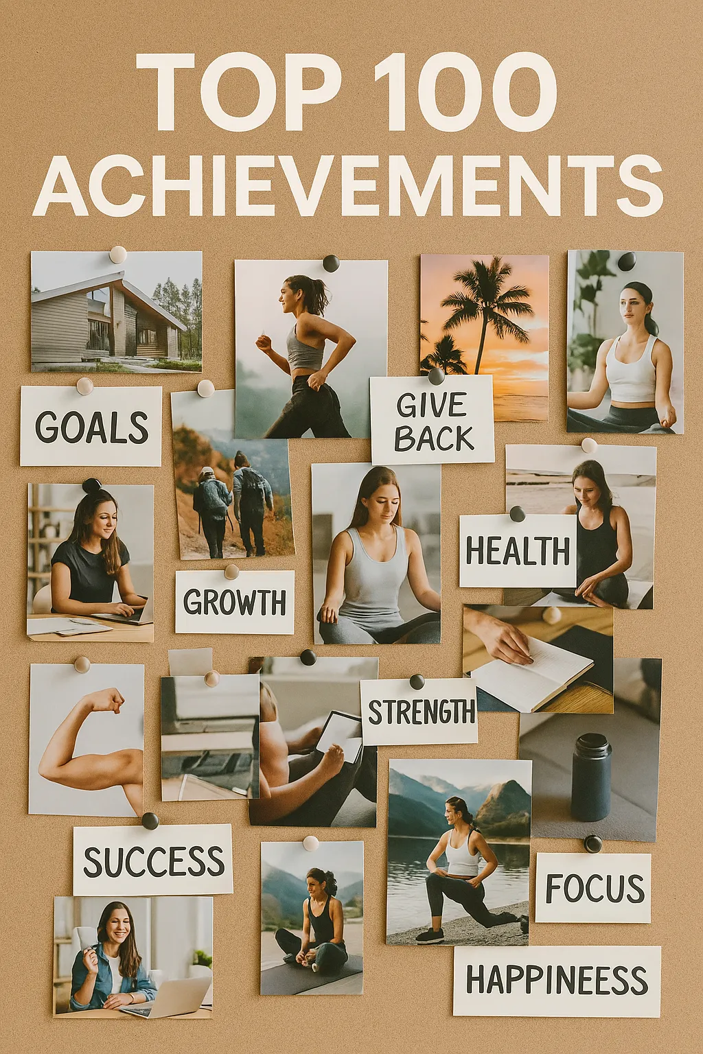 Vision board with photos, goals, and inspiring words — overlay text-Top 100 Achievements