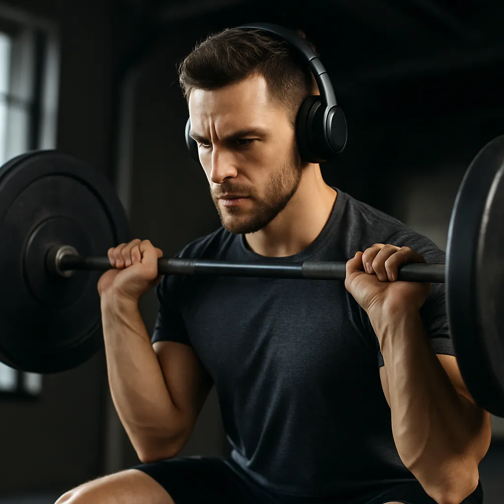 Athlete lifting weights with headphones in