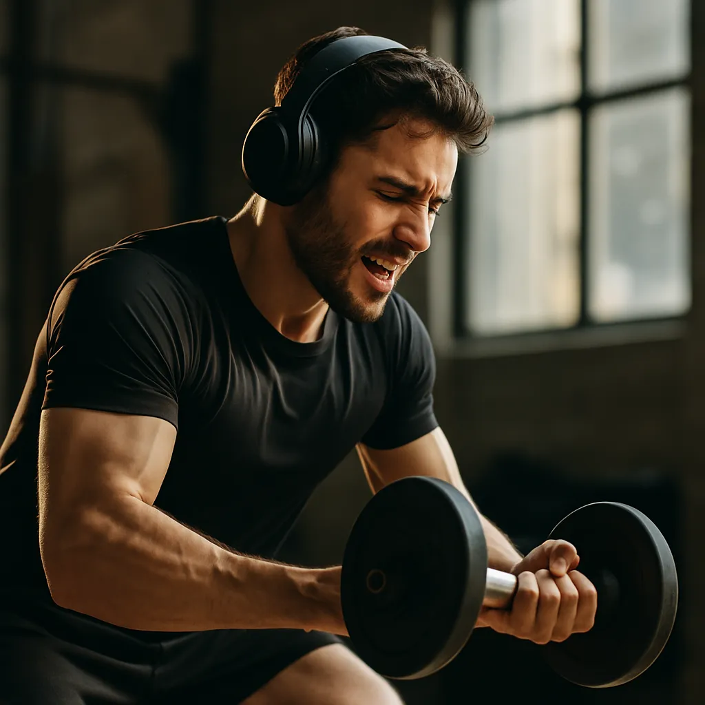 Person wearing headphones mid-workout (e.g. lifting, running, dancing), immersed in rhythm, with motion and energy
