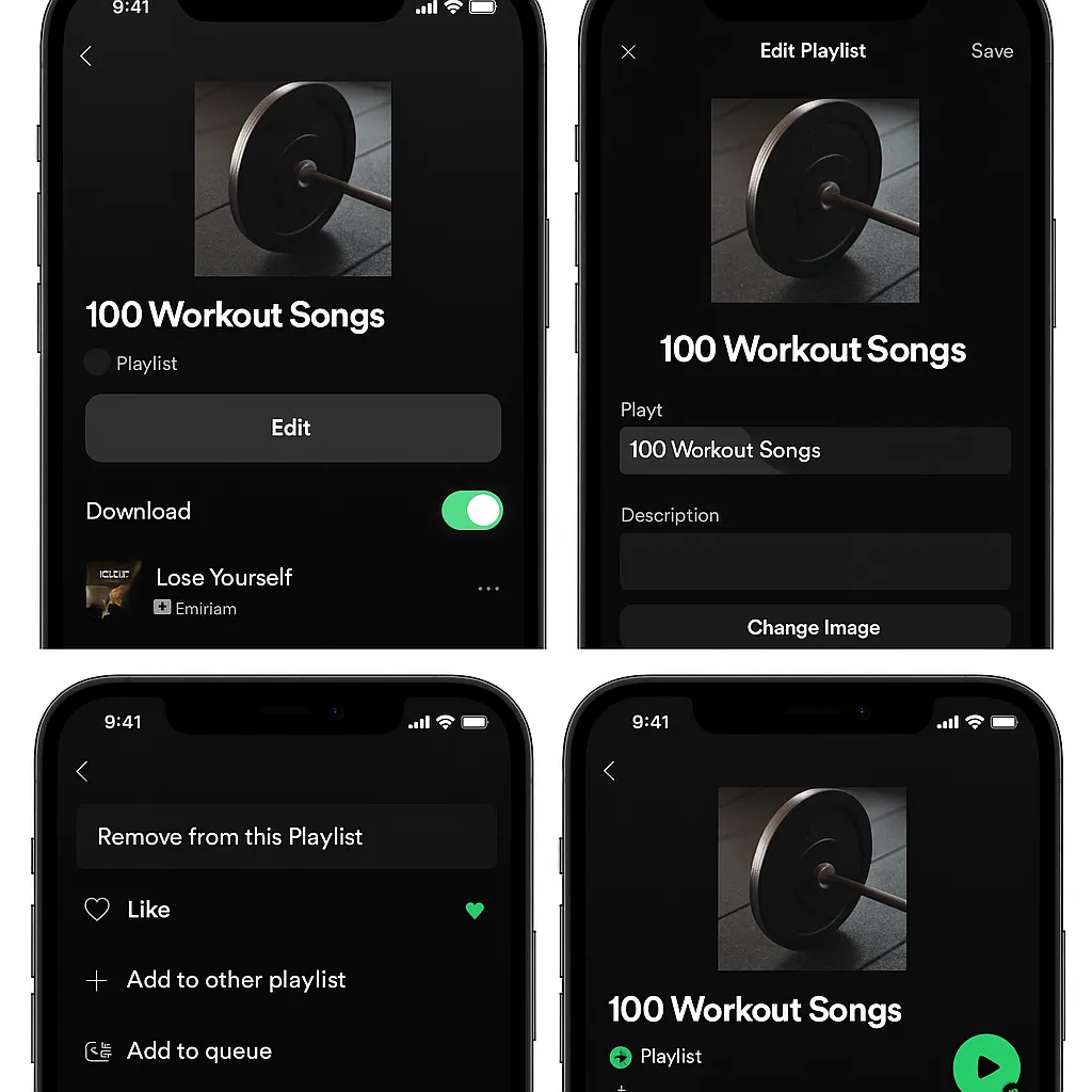 Screenshot collage of Spotify playlist being edited