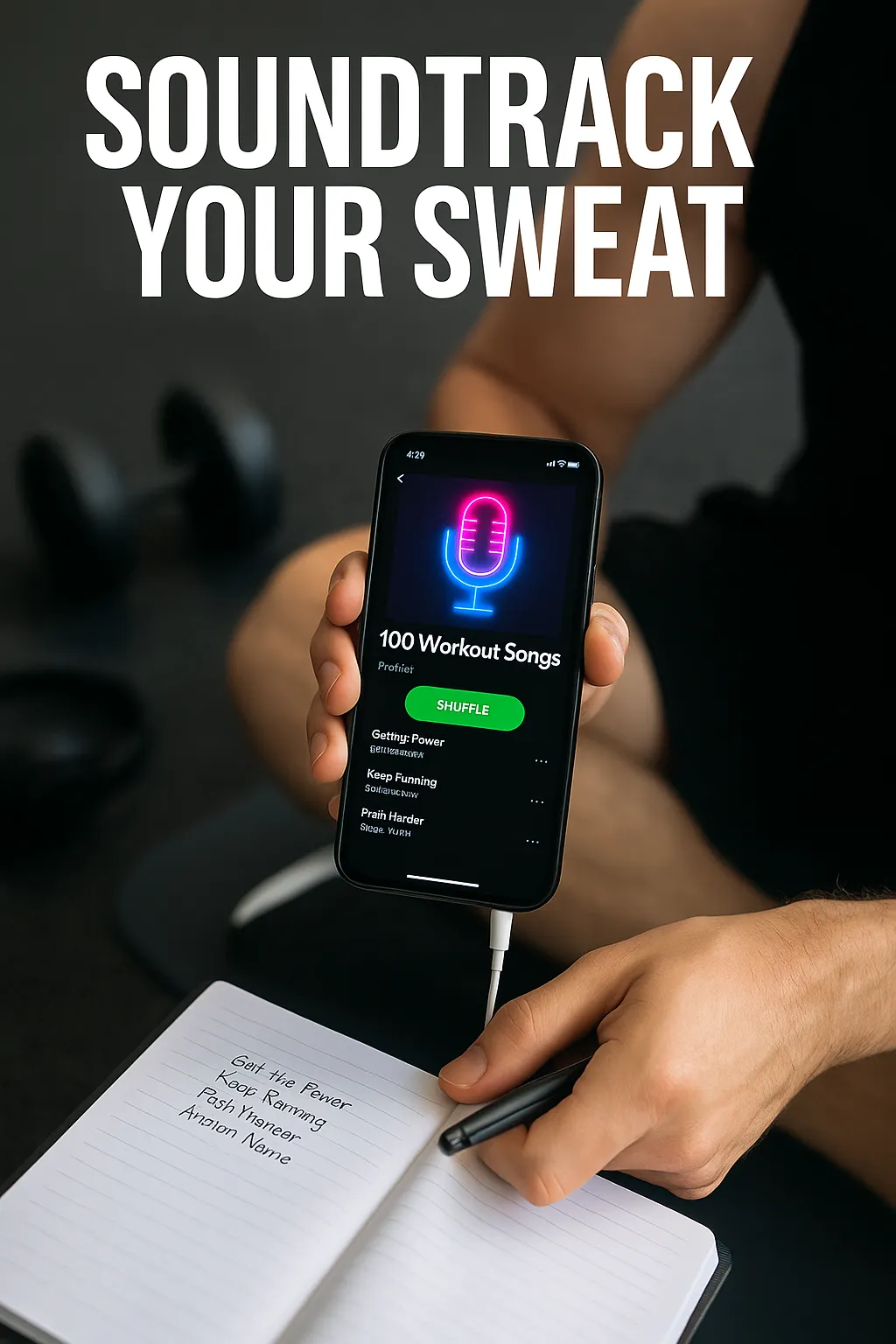 Smartphone displaying a playlist titled “100 Workout Songs” during a gym session — overlay text-Soundtrack Your Sweat