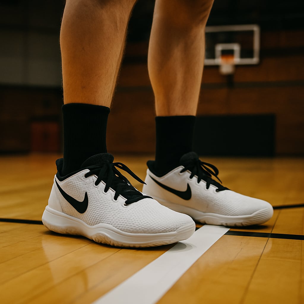 a close-up of basketball shoes on the free throw line