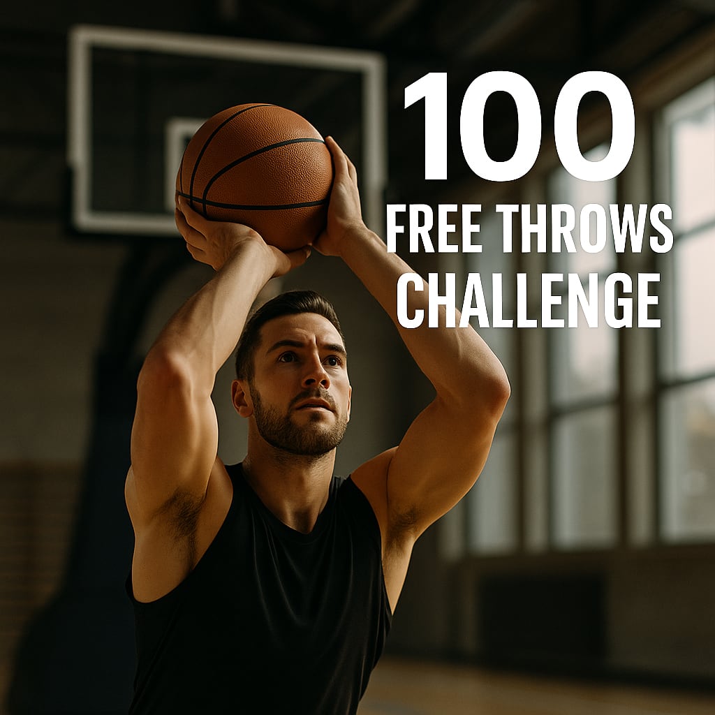 Basketball player at free throw line mid-shot — overlay text-100 Free Throws Challenge