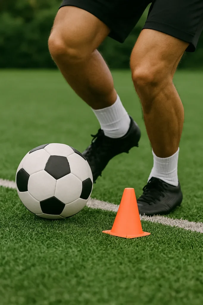Close-up of focused footwork with cones and ball