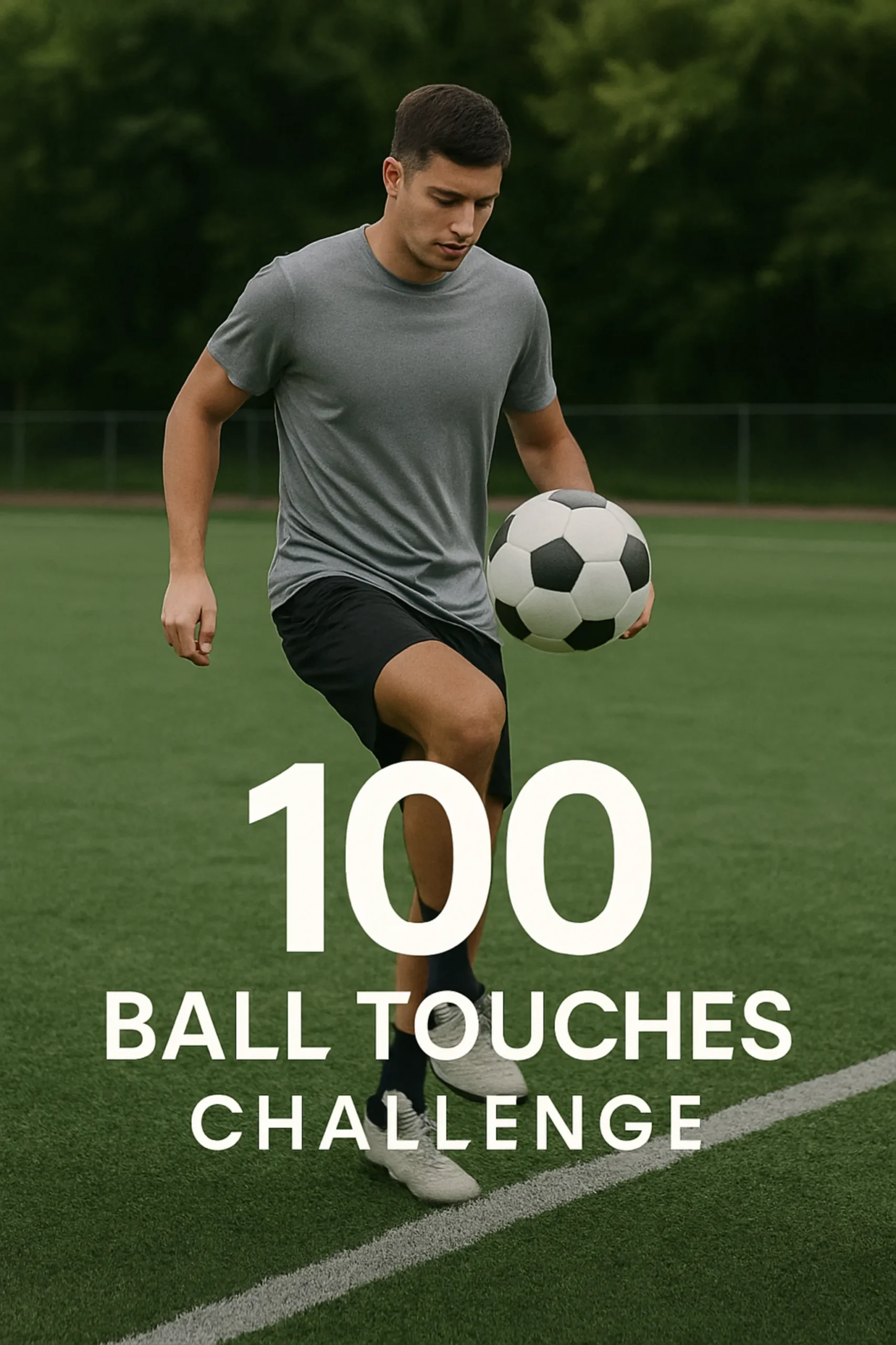 Player juggling football solo on turf — overlay text-100 Ball Touches Challenge@2x