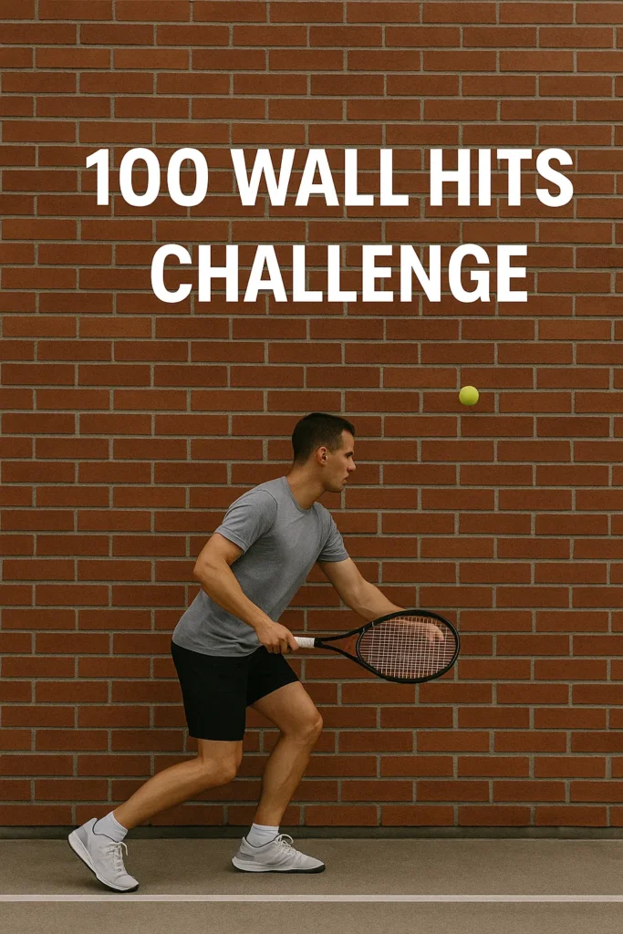Athlete hitting tennis ball against a brick wall — overlay text-100 Wall Hits Challenge