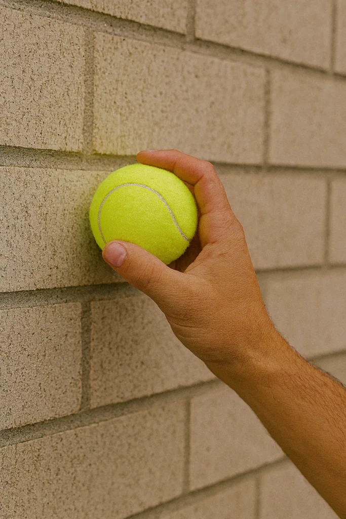 Hand holding tennis ball near a flat outdoor wall