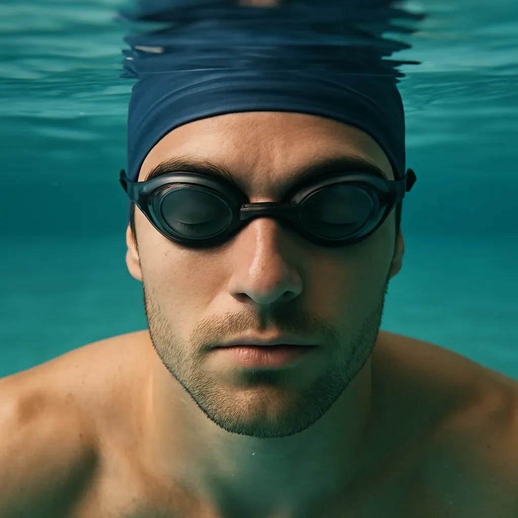 Close-up of swimmer’s face just below the surface with calm expression