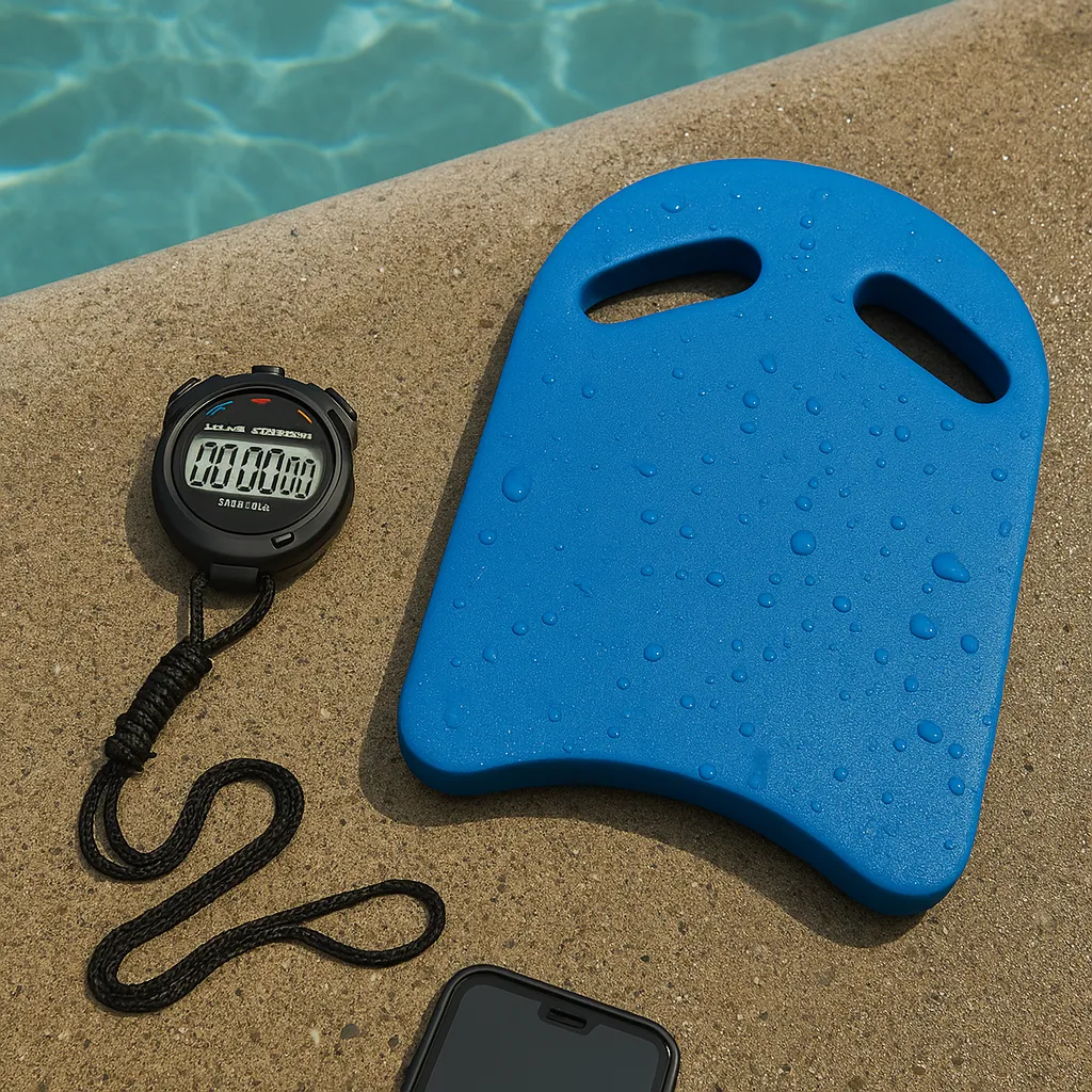 Stopwatch and kickboard at poolside with water droplets