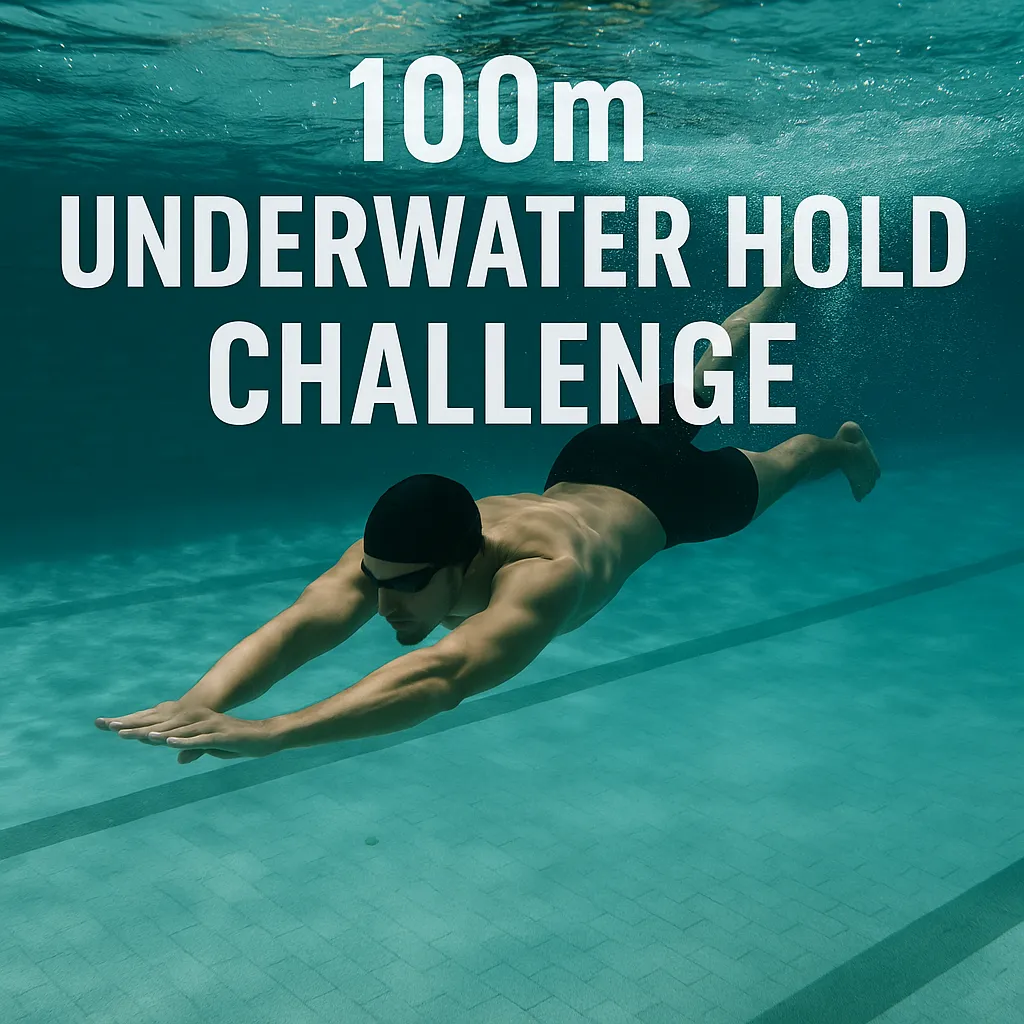 Swimmer submerged mid-stroke in clear water — overlay text-100m Underwater Hold Challenge