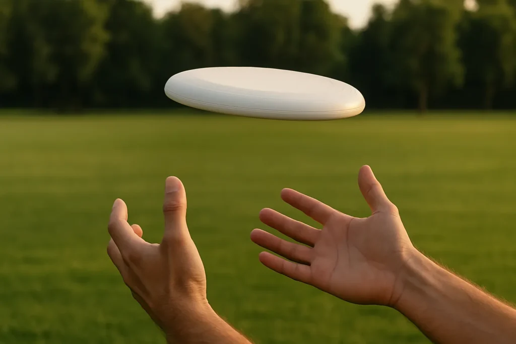 Close-up of a frisbee in flight, hands ready to catch