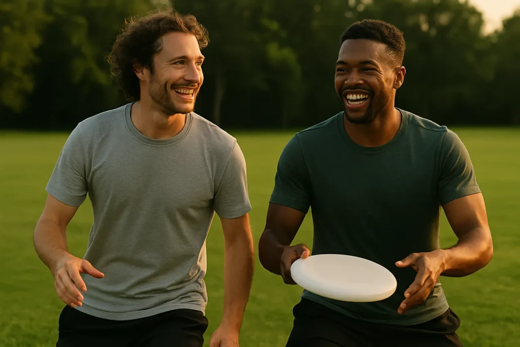 Friends or training partners smiling mid-session during a frisbee drill