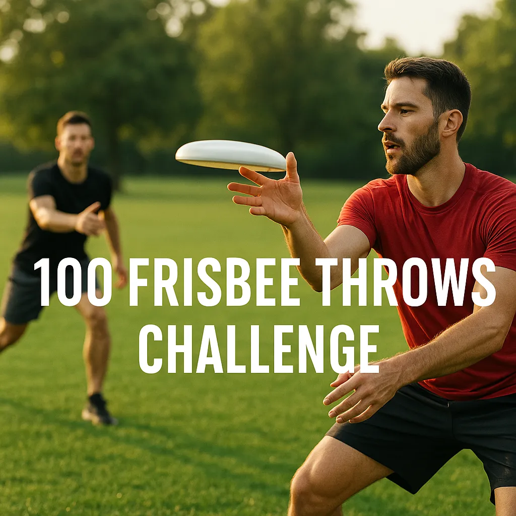 Two athletes mid-throw and catch with a frisbee in a park — overlay text-100 Frisbee Throws Challenge