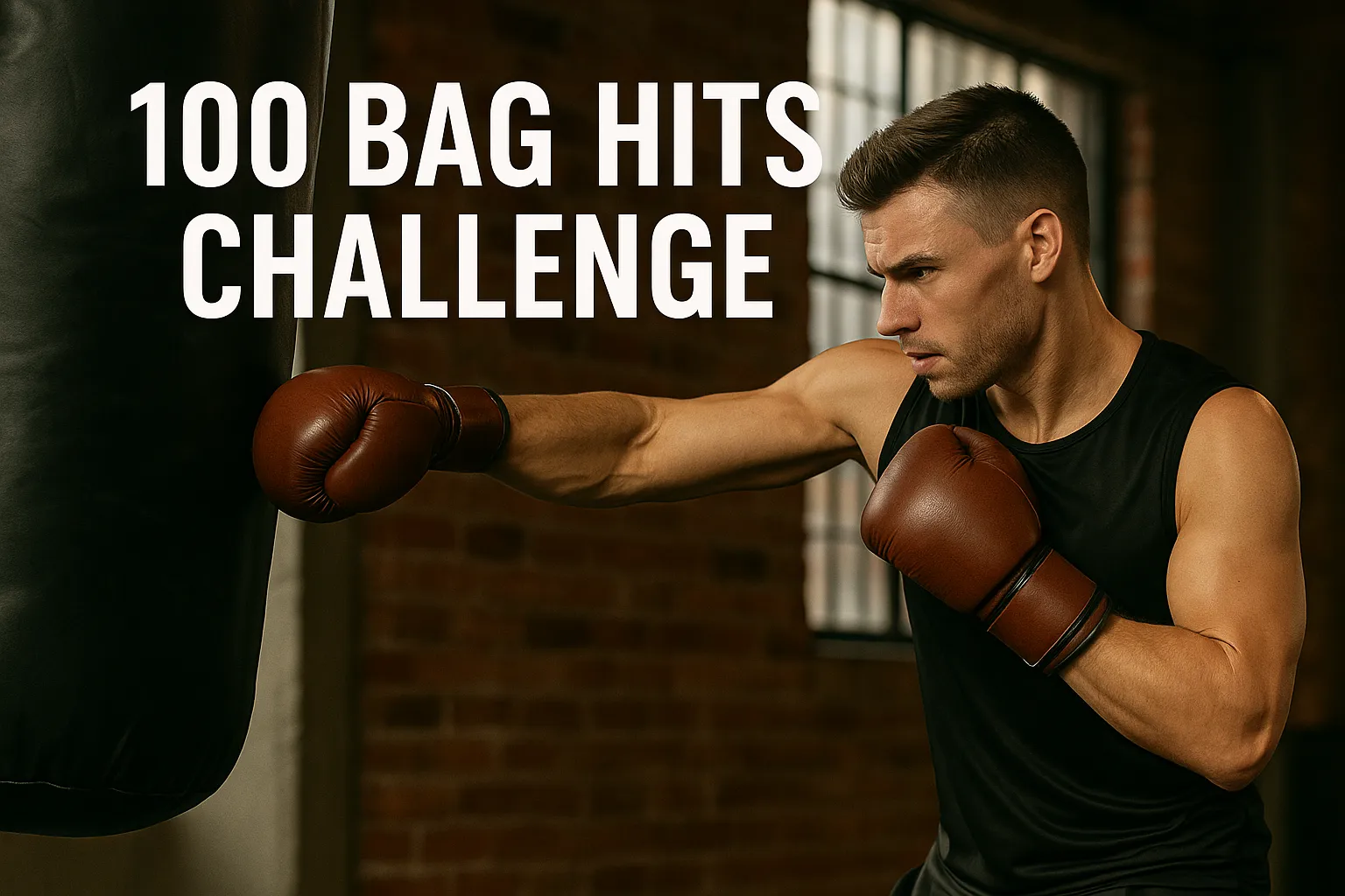 Athlete in mid-punch connecting with a boxing bag — overlay text-100 Bag Hits Challenge