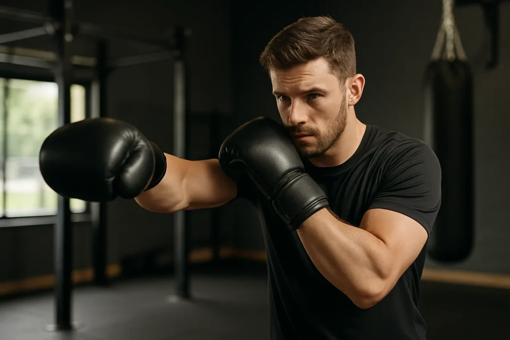 Person practicing boxing or martial arts in a gym, mid-strike or holding a strong guard, with confident posture and focus.