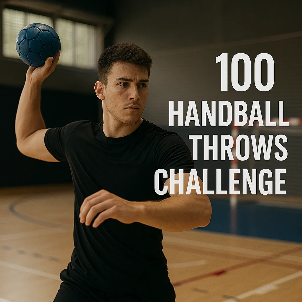Handball player mid-throw during a training session — overlay text-100 Handball Throws Challenge