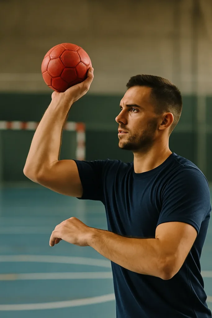 Side-angle shot of an athlete practicing overhead throws indoors
