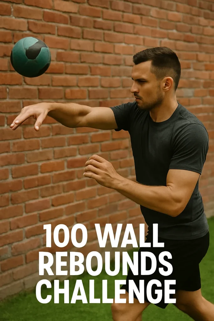 Athlete mid-pass rebounding a ball off a brick wall — overlay text-100 Wall Rebounds Challenge